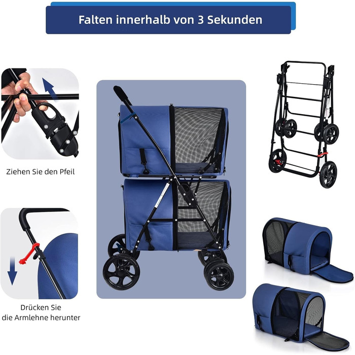 GYMAX Складаний візок для собак, буги для тварин з 2 знімними кишенями, візок для собак з передніми та задніми дверцятами, переноска для домашніх тварин з сітчастою тканиною та колесами з гальмами, переноска для собак та котів (Блакитний)
