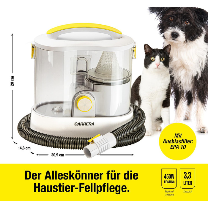 Набір для грумінгу тварин CARRERA [7 в 1]: пилосос, машинка для стрижки шерсті, щітка, 450W, 3,3L (собаки, коти)