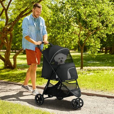 PawHut Buggy для собак та котів, чорний, 83x55x101 см, складна конструкція, EVA колеса, регульований кермо, корзина