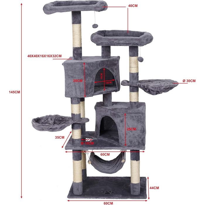 Дряпка для котів Wiltec сірого кольору з мотивом лапок 145 см: дряпка, платформа, будиночок, гамак, кліматичний комплекс для котів