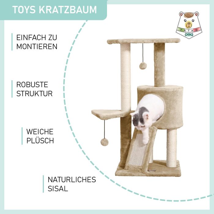Дряпалка для котів PATAM з натурального сизалю, з котячою печерою та рампою, посилена основа, легка збірка - висота 83,5 см, іграшки Беж (Беж)