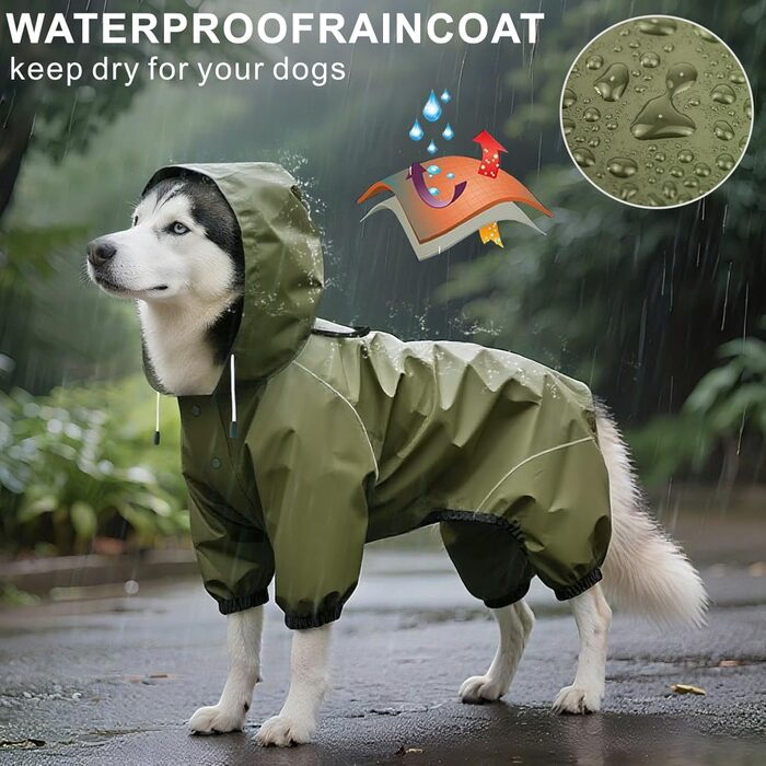 Водонепроникний дощовик для собак Idepet: тепла куртка з капюшоном для малих та середніх собак, зелений, 4XL