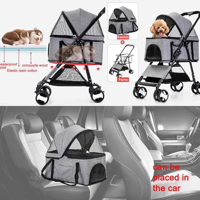 Візок для собак та котів, сірий, до 20 кг, з поворотним колесом та гальмом