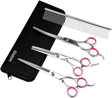 Набір професійних ножиць для грумінгу собак Novatech (4 шт.) з гребінцем: ножиці для стрижки, фінішні та вигнуті