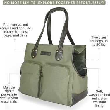 Сумка-переноска для собак DJANGO - велика, оливковий, waxed canvas та шкіра. Безпечний поводок-кріплення та кишені на блискавці