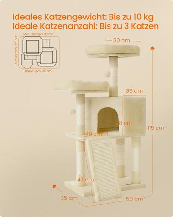 Дряпка для котів Feandrea, 115 см, кремово-білий колір, з дряпальною дошкою (50 x 35 x 115 см)