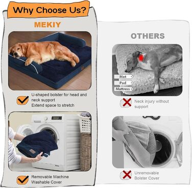 Велике ортопедичне собаче ліжко з водонепроникним покриттям – знімний чохол, Memory Foam – підтримка шиї, диван-ліжко для великих собак – XXL, блакитний колір, 114 x 89 x 20 см