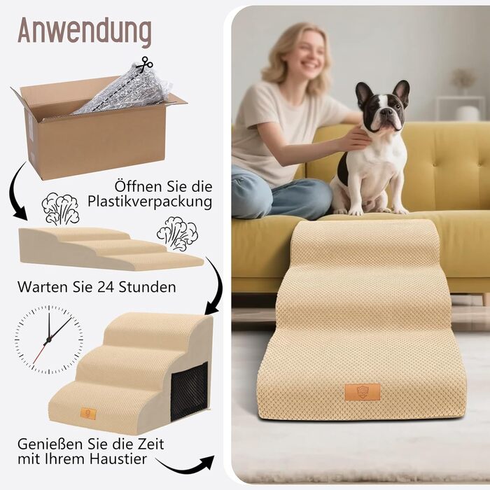 Сходинки для собак, 4 сходинки, знімний поручень, неслизьке покриття, для ліжка та дивану, з високощільним губчастим наповнювачем (3 сходинки, бежевий)