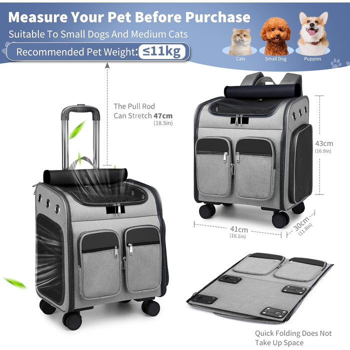 Рюкзак-переноска для кота та собаки PETCUTE з візком 2 в 1 до 11 кг, сірий. Знімний килимок, дихаюча переноска для подорожей з тваринами