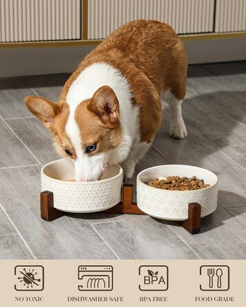 Набір мисок для собак Malacasa з підставкою з горіхового дерева, 3.5 чашок кераміки, миски для кормів та води для цуценят та собак, з антиковзним дном, підходить для собак та котів. В комплекті: п'ятилистове трав'яне добриво + стільнички.