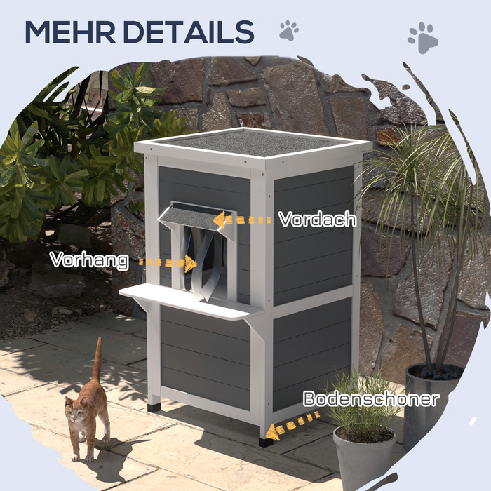 PawHut Cat House Дерев'яний 2-х ярусний стійкий до погодних умов будиночок для кішок з дахом, сірий і білий, 60x60x81.5см | Аосом