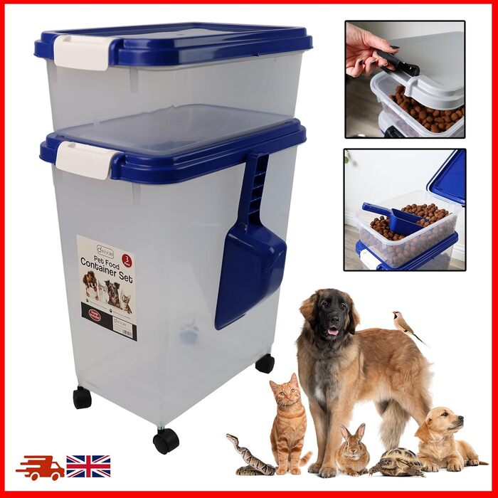 DIVCHI Контейнер для зберігання корму для тварин 3в1 з мірною ложкою, синій. Підходить для собак, котів та інших тварин. Герметичний, з роликами, для сухого корму.