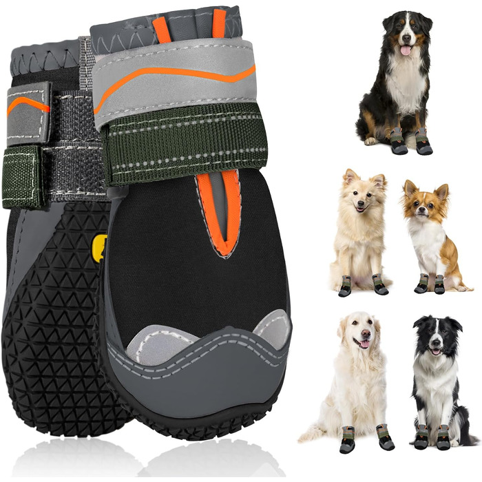 Чоботи для собак SlowTon: захист лап, 4 шт. Дихаючі собачі чоботи для прогулянок на вулиці з неслизькою підошвою, регульованою застібкою-липучкою. Підходять для маленьких, середніх та великих собак. Колір: чорний (4 шт.), чорний (водостійкі, 2 шт.). Розмі