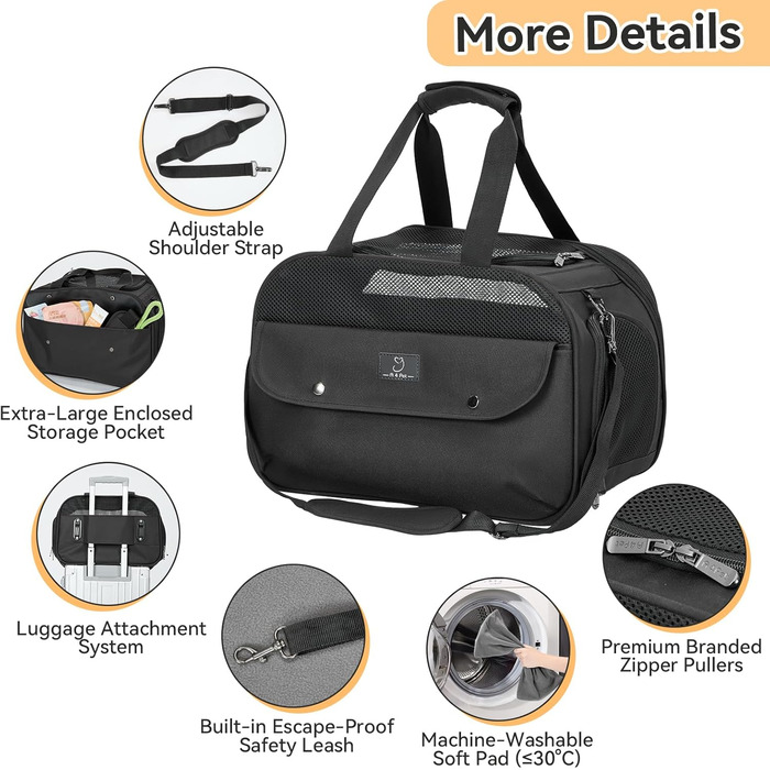 Транспортний бокс для котів та собак 4 PET - для кабіни літака/автомобіля, легкий, з безпечними пряжками та сіткою, чорний