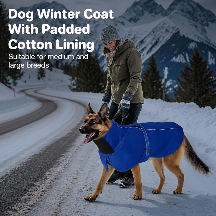 Водонепроникний зимовий теплий одяг для собак, куртка з високим коміром та флісовою підкладкою, регульована посадка, для середніх та великих порід, синій