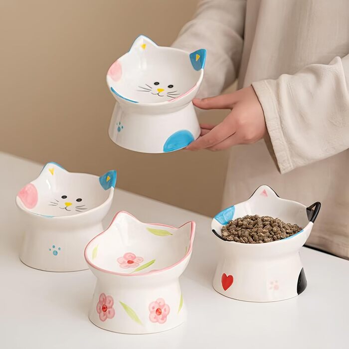 Керамічний годівник для котів з підставкою, нахилений на 15°, захист шиї, чорний/білий