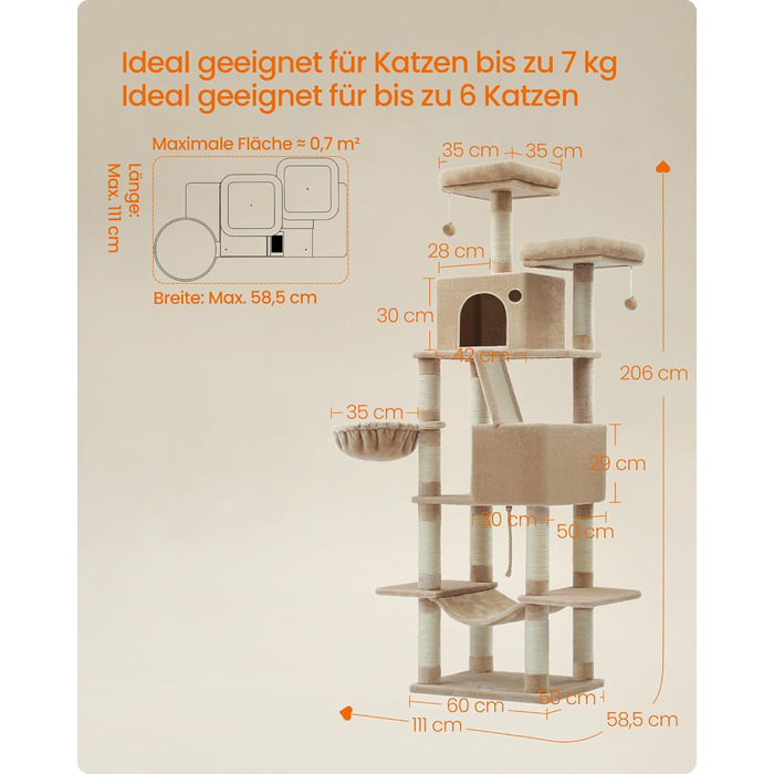 Feandrea великий котячий комплекс 206 см, XXL, 13 стовпчиків, 2 платформи, 2 будиночки, гамак, кошик, плюшеві м’ячики, багаторівневий, колір камель, 60x50x206 см