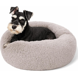 Заспокійливе ліжко для собак у вигляді пончика, м'який плюш, кругле ліжко для котів, зручне, м'яке, можна прати, подушка, самопідігріваюче ліжко для тварин з неслизьким дном, ліжко-гніздо для сну та відпочинку 60 x 60 x 20 см (Д x Ш x В) у кольорі тауп