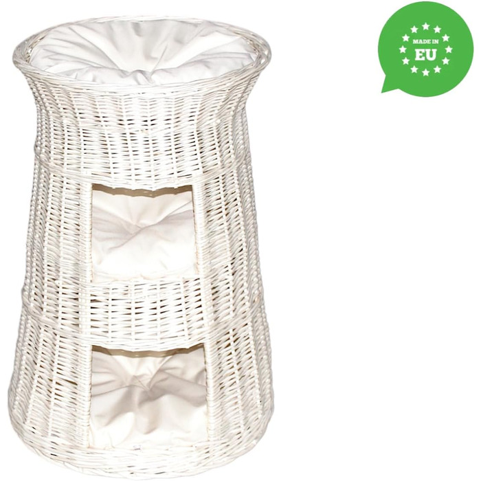 Кігтечка-ліжко для котів - Кругла кімната для відпочинку - Кігтечка з лози - Триповерхове ліжко для собак або котів - Плетена корзина білого кольору - (Бежева подушка)