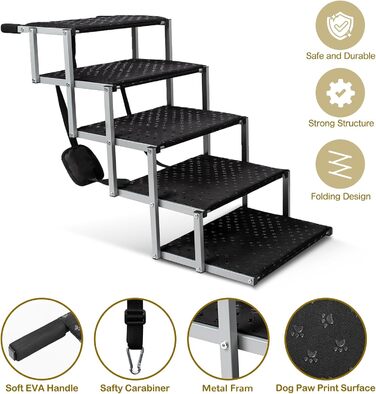 Сходинка для собак у машину – широка, складна, з антиковзким покриттям, для авто, SUV, вантажівок, витримує до 113 кг, 5 сходинок, срібна