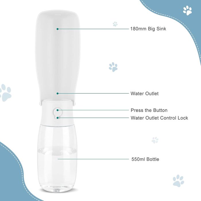 Травельна пляшка для тварин JOPHEK 300мл з фільтром, біла. Без витоку, для собак та котів. Ідеально для прогулянок, подорожей та кемпінгу.