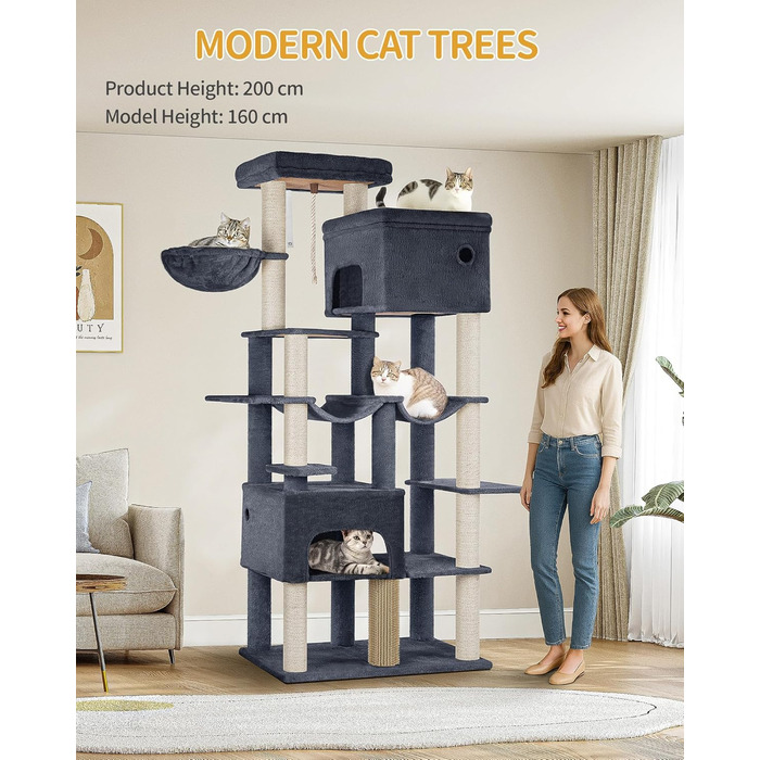 Декілька рівнева кігтеточка для котів Hzuaneri MS20018LG, 200 см, XXL, 10 стовпчиків, 2 печери, 2 гамаки, велика платформа, щітка для котів, кошик, для мейн-кунів та великих котів