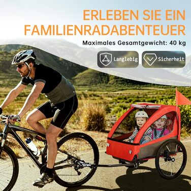 Дитячий велопричіп 2в1 з функцією візка та бігуна, амортизація, регульована ручка-штовхач та гальма, для 1-2 дітей до 40 кг (Червоний)