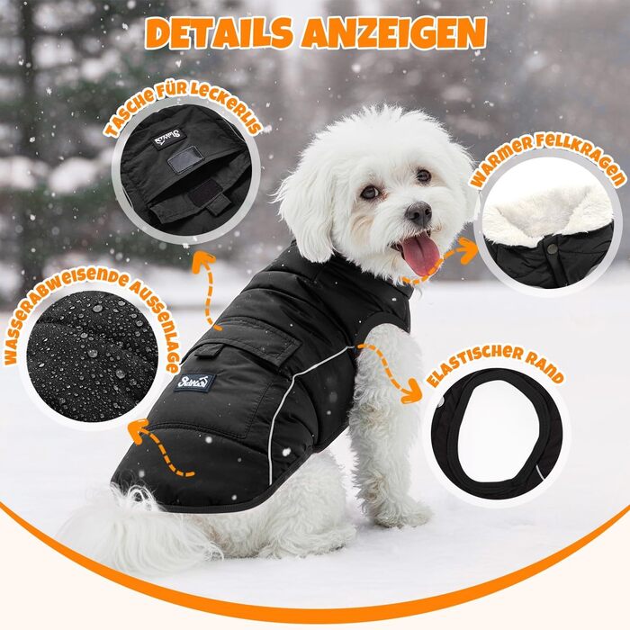 Зимовий одяг для собак SlowTon: теплий пуховий одяг для собак, куртка від снігу з відбиваючими смужками та кишенями, водонепроникний жилет для маленьких та середніх собак, чорний, розмір S
