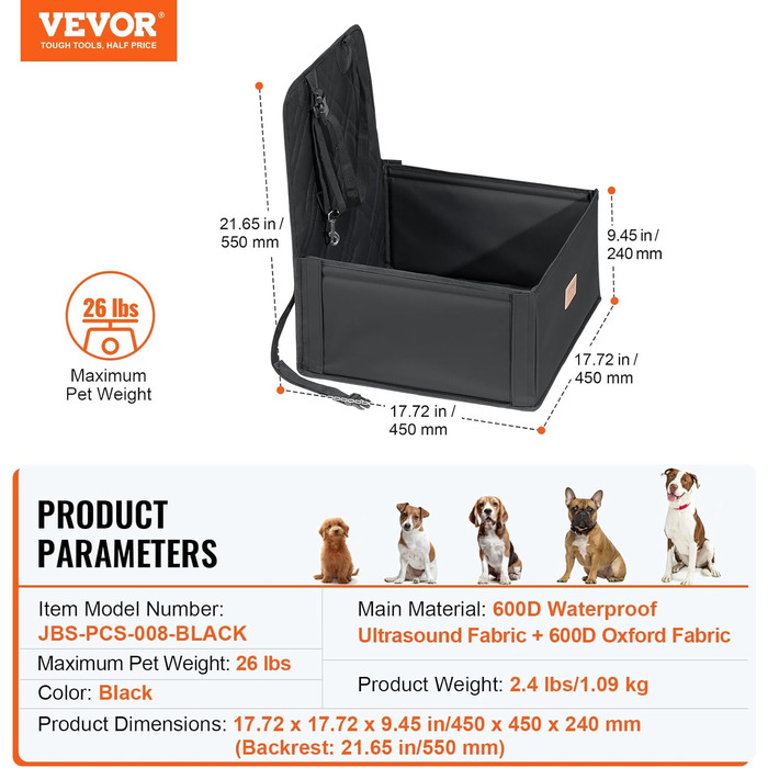 Автокрісло для собак VEVOR: підняття, безпечна мотузка, бавовняна підкладка, до 12 кг (Чорний)