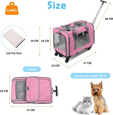 Переноска для тварин ALLSOPETS з колесами для котів та собак, схвалена для авіаперельотів, з висувним ручками, знімними колесами та плечовим ременем, рожева