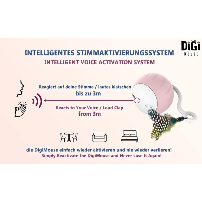 DigiMouse інтерактивна іграшка для котів з голосовою активацією, 4 змінними пір'їнами, котячою м'ятою, електричний котячий м'яч, LED-підсвітка, USB-C