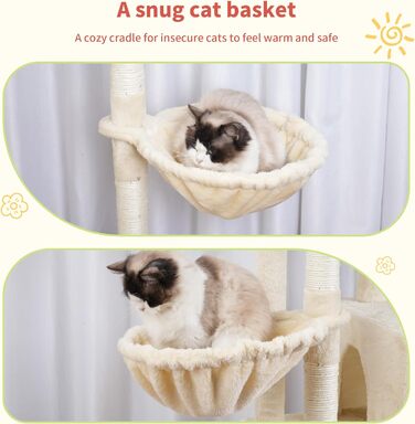 Котячий будиночок Hey-brother Kratzbaum з подовженою частиною, широкими платформами, затишними печерами, гамаками, сизалевими стовпчиками та м'ячиком для котів, 178 см, MPJ038W (Бежевий)