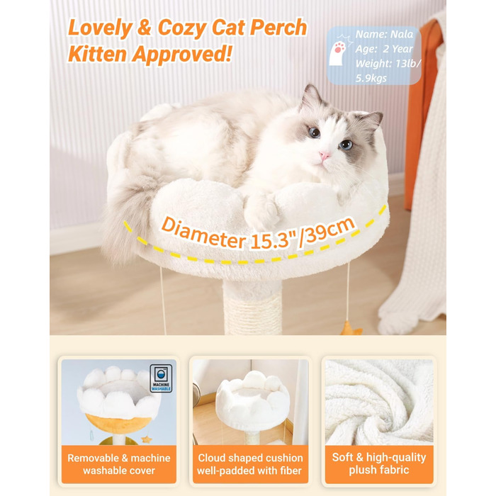 Великий котячий дерево Happi N Pets «Хмара» з лежаком, натуральний сизалевий когтеточка для домашніх котів, з м'якою полицею та іграшками, для кошенят і дорослих