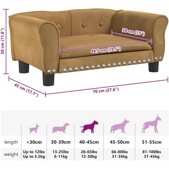 Крісло-ліжко для собак, м'яке ліжко для тварин, лежанка для маленьких собак та котів, лежанка для домашніх тварин, велюр (70 x 45 x 30 см, коричневий)