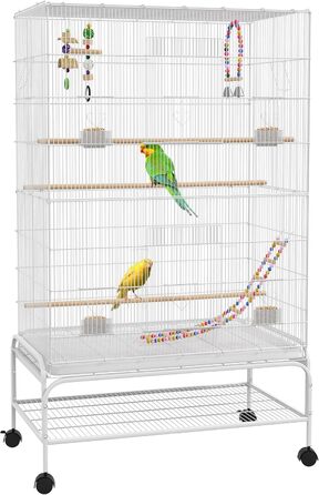 Клітка для птахів PawHut велика з підставкою, іграшками, колесами, аксесуарами та полицею для канарек, сніжків, нерозлучників та попугаїв - біла, 79 x 49 x 133 см