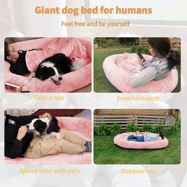 Ліжко для собак та людей NESTROAD, 180x114x35 см, рожеве. Зручне ліжко-мішок з штучним хутром, ковдрою та подушкою.