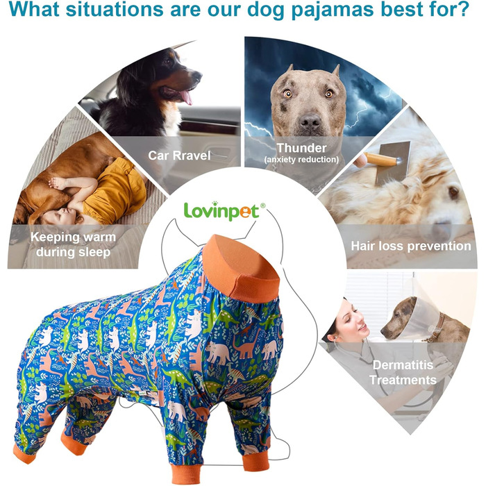 LovinPet комбінезон для великих собак, післяопераційний, для догляду за ранами, повний захист, легкий, еластичний, з динозаврами, піжама для собак
