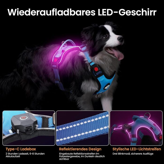 DAISTERN BSWAY LED шлея для собак M, з ручкою, акумуляторна, з підсвіткою, 3 режими миготіння, світловідбиваючі смуги, для малих і середніх порід