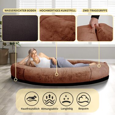 Велике собаче ліжко Furryfection для людей, 180x114x35,6 см, коричневе, з ковдрою та подушкою