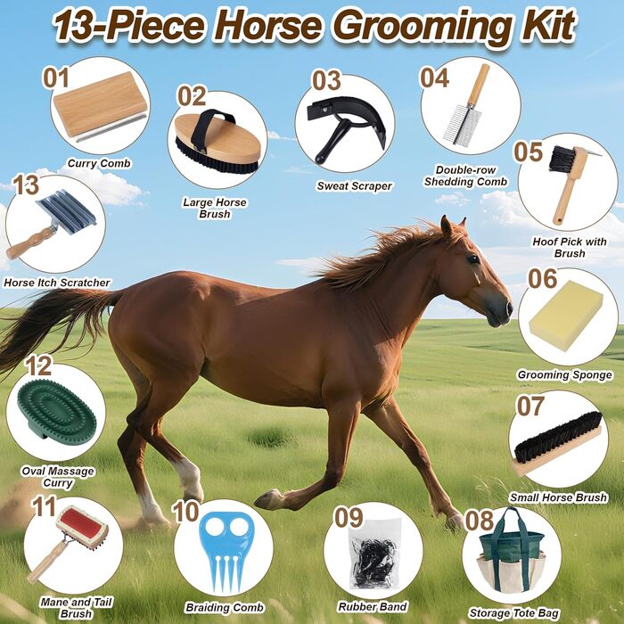 Набір для догляду за конем з дерева, 13 предметів: екологічні інструменти з ергономічними ручками, професійні щітки для гриви та копит