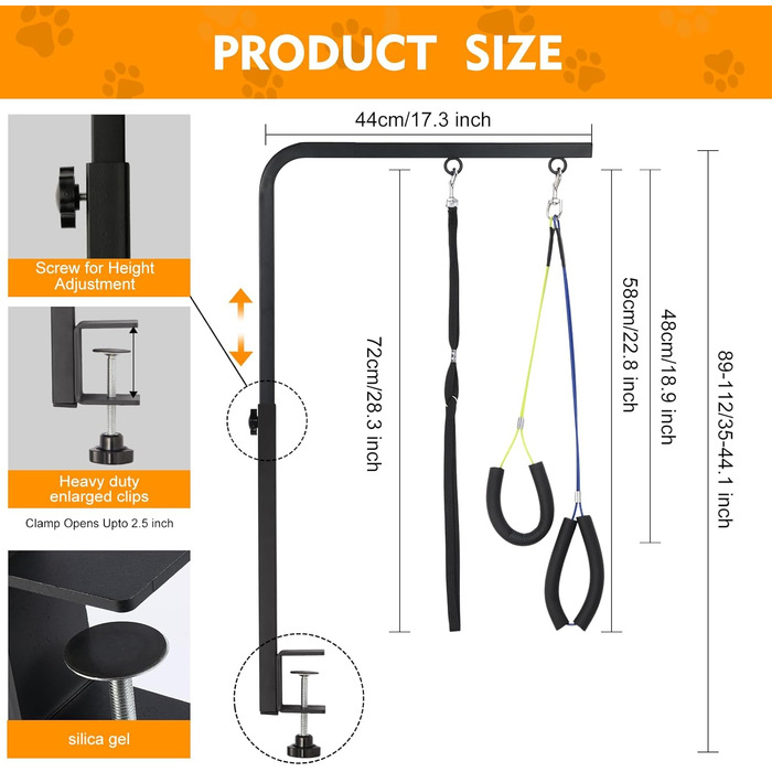 Підтримка для грумінгу собак, регульована, для маленьких та середніх порід, з кліпсою, петля для грумінгу, без підтримки спини та стегна (чорний, 111,8 см, арка + міцна кліпса + гамак)