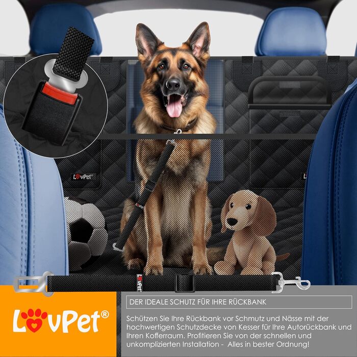 Захисний килимок Lovpet® для собак у машину 2в1: для заднього сидіння та багажника з боковим захистом та оглядовим вікном. Водовідштовхуючий, універсальний, чорний. В комплекті аксесуари.