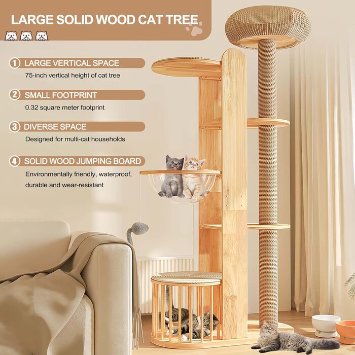 Великий котячий будиночок з подряпальником 190 см - стабільний дерев'яний комплекс для котів з посиленою колоною з сизалю, великим сплетеним будиночком, 3 оглядовими платформами та просторою капсулою, для великих котів