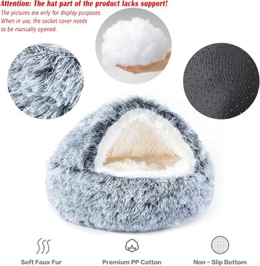 Кругле собаче ліжко NOYAL з капюшоном для маленьких та середніх тварин – плюшеве, м'яке, антистресове ліжко-печера для котів та собак, знімний чохол, середній розмір 60 см, колір: градієнт темно-сірого кольору