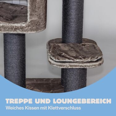 Дряпка для великих котів RHRQuality Devon Rex Plus 120 см, з 15 см сизалевими стовпами та ігровим будиночком, чорна лінія, тауп