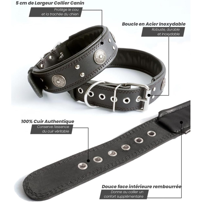 Нашийник для собак з натуральної шкіри, 5 см, чорний, розмір M (46.5-57.5 см)