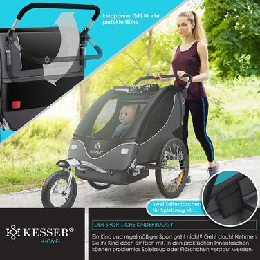 Дитячий велопричіп KESSER® 2в1 з поворотним механізмом 360° та амортизацією. Підходить для 1-2 дітей (до 40 кг). У комплекті прапор. Чорний / Антрацитовий