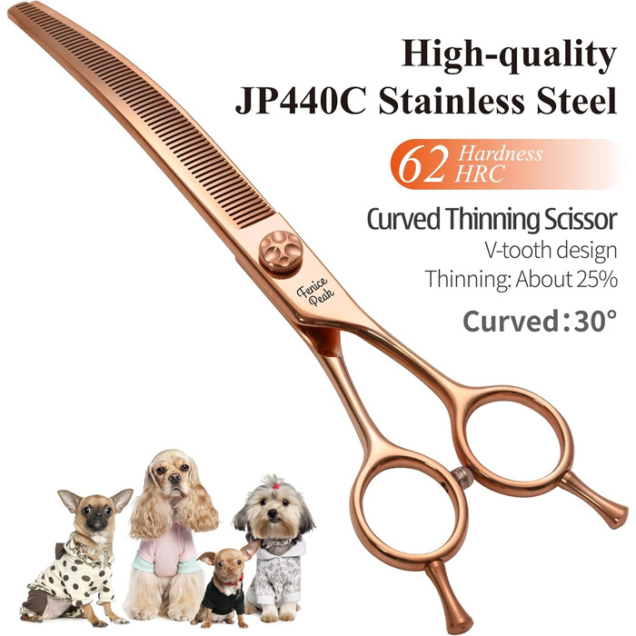 Професійна ножиця для грумінгу собак Fenice Peak, вигнута, 17.8 см, з надгострими лезами з 440C сталі, довговічна, плавне різання для собак та котів (рожеве золото)