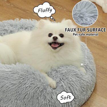 Заспокійливе ліжко-пончик для собак та котів середнього розміру, з ковдрою, сірого кольору. Легко миється, м'яке, пухнасте, діаметр 61 см, ковдра 71x23 см. Розміри: 60x60x17 см