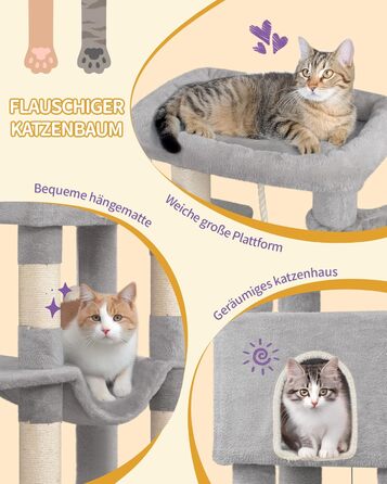 Когтедрашка для котів Hzuaneri, 149 см, з 5 когтеточками, платформами, будиночком, помпонами, сірого кольору MS14918LG